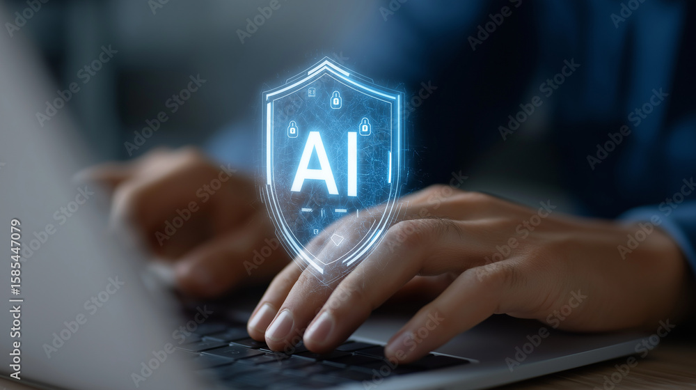 Poster secure ai interface with shield hologram on laptop