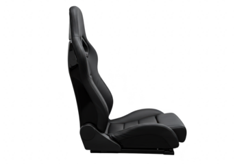 A black racing car seat shown from the side, isolated on a transparent background