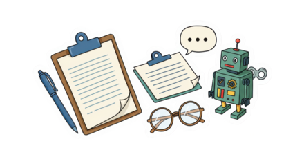 Cute Robot with Data and Study Tools Illustration
