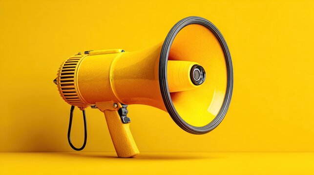 Yellow megaphone on solid yellow background, symbolizing clear and powerful business communication - Powered by Adobe