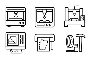 Digital Fabrication Icons. Outline icon set of digital fabrication tools: laser cutter, 3D printer, CNC