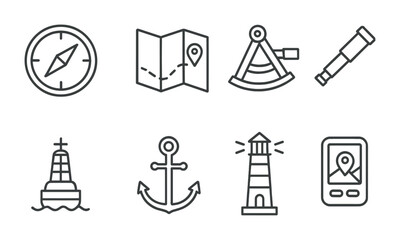 Nautical Icon Set. Outline icon set of nautical navigation: compass, map, sextant, telescope, buoy, anchor,