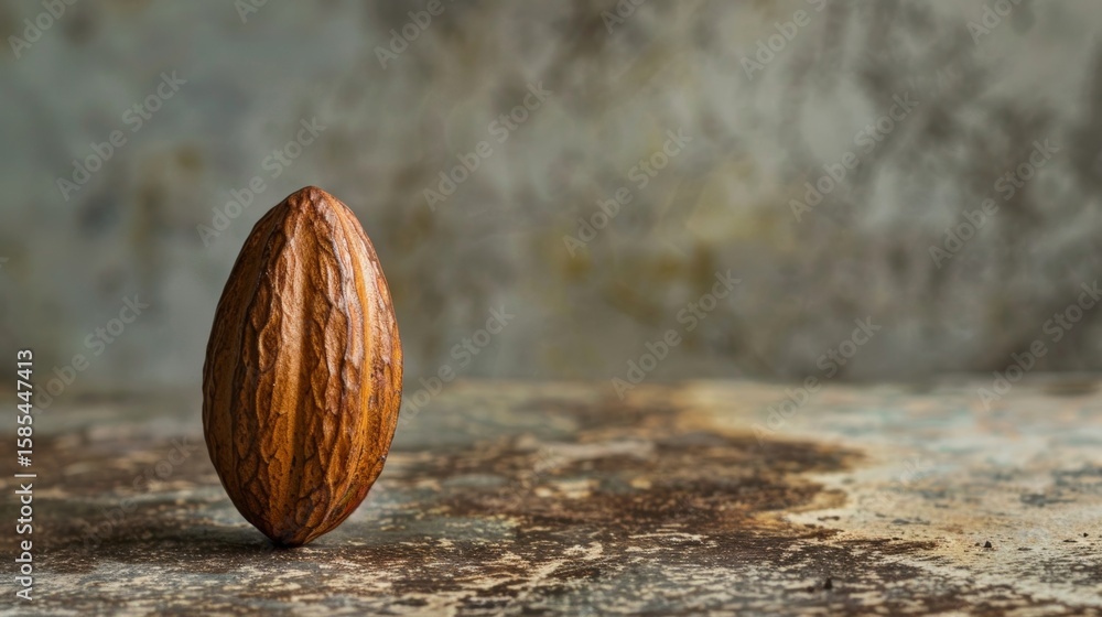 Poster a macro shot of a single cacao seed showcasing its smooth texture and teardrop shape.