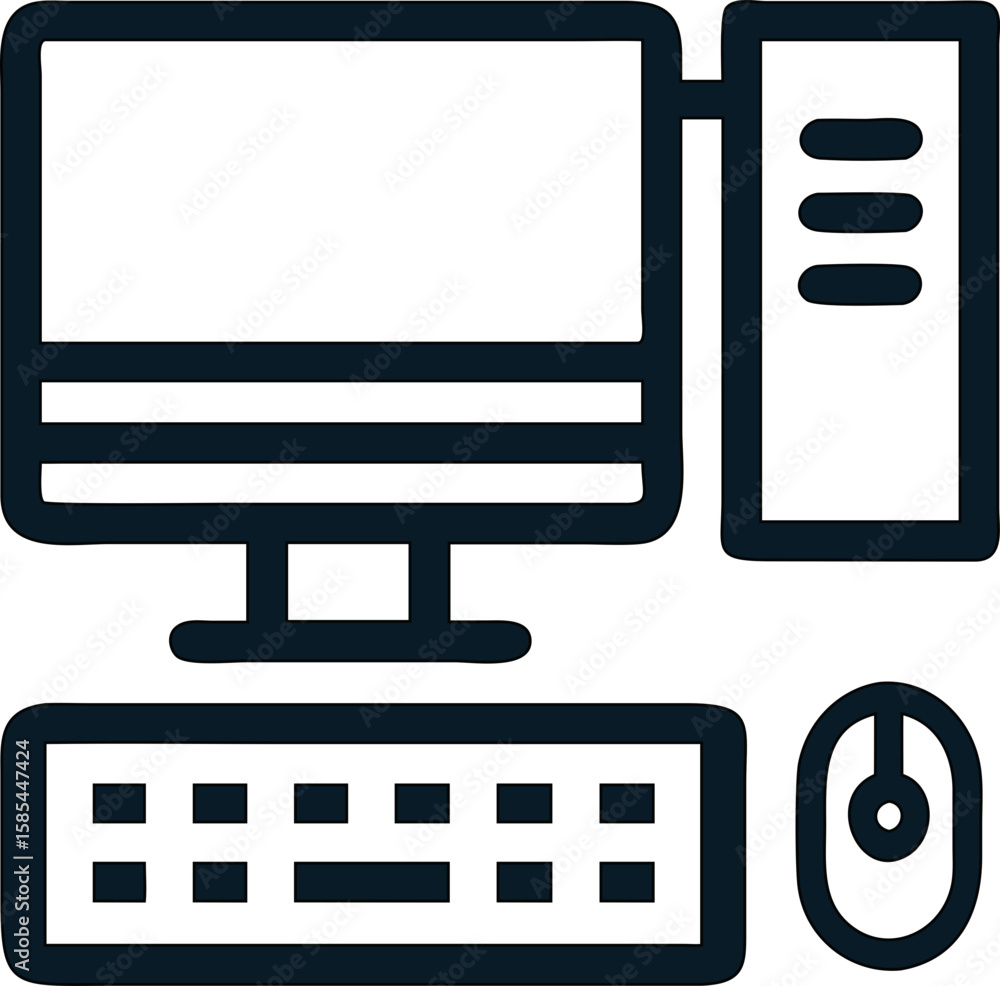 Aufkleber modern home desktop computer vector graphic for apps and websites. keyboard, cpu, monitor, mouse