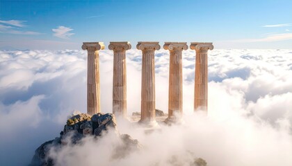 Ancient columns on a mountaintop, above clouds
