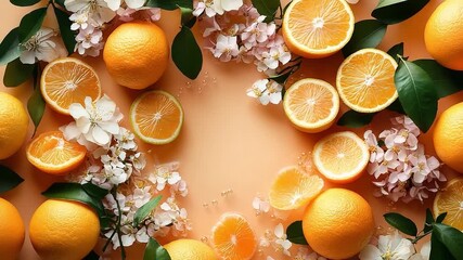 Close up of oranges and flowers on a table. The oranges are sliced and arranged in a circle, with some of them being cut in half. The flowers are scattered around the oranges - Powered by Adobe
