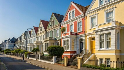 Row of Classic Victorian Townhouses in Vibrant Colors on a Sunny Urban Street