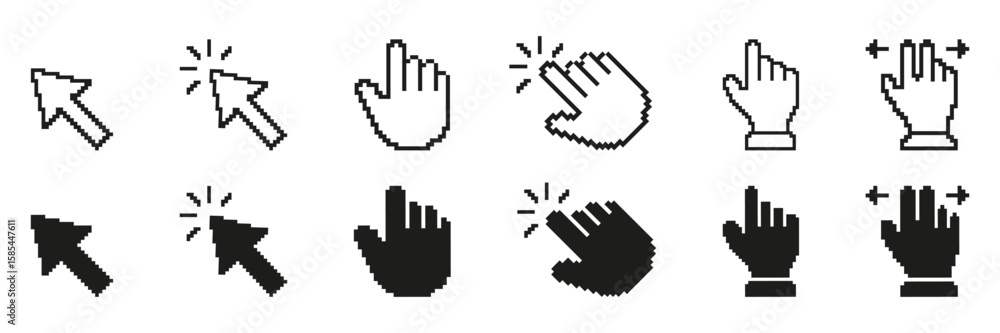 Poster pixel art cursor and hand icon set. digital interaction and navigation symbols collection. includes 