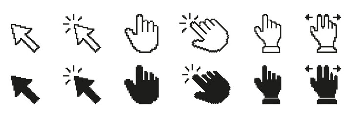 Pixel Art Cursor And Hand Icon Set. Digital Interaction And Navigation Symbols Collection. Includes Click, Point, And Drag Gestures. Isolated Vector Illustration