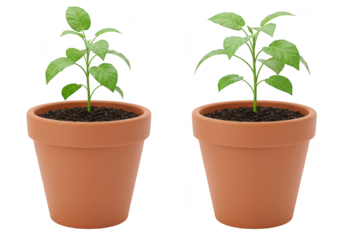 Two young green plants growing in terra cotta pots, isolated on transparent background