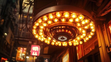 Obraz premium Circular light fixture with warm bulbs hangs over a city alley