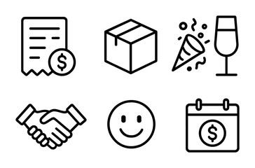 Entrepreneur Celebration Icons. Outline icon set of entrepreneur celebrating first sale: sales receipt,