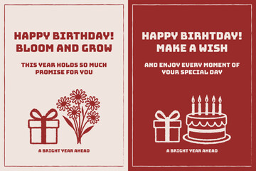 Retro Birthday Card Set with Inspiring Messages and Classic Gift Illustrations. Perfect Design for Celebration