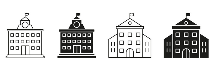 School Building Line And Solid Icon Set. Educational Institution, Learning Center, And Academic Facility Symbol Collection. Architecture And Campus Design. Isolated Vector Illustration