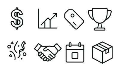 Sales Achievement Icons. Outline icon set of sales achievement: dollar sign, graph, sales tag, trophy,