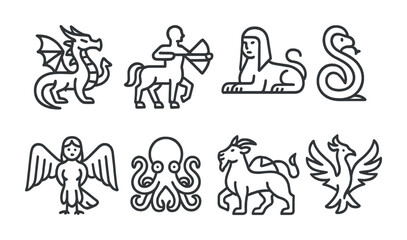 Obraz premium Mystical Creature Icons. Outline icon set of mystical creatures: dragon, centaur, sphinx, basilisk, harpy,