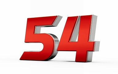 Metallic Red number 54 or Fifty four with silver edges stands on a white background. 3d illustration