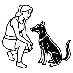 Obraz premium Line Art Silhouette of Woman Playing with Happy Dog on White Background