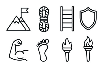 Overcoming Obstacles Icons. Outline icon set of overcoming obstacles: mountain, flag, rope, ladder, shield,
