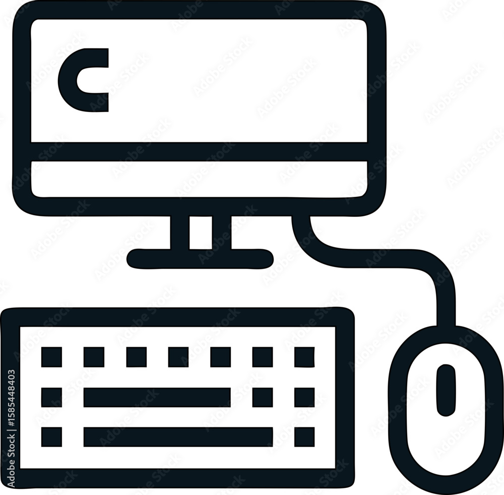 Poster personal computer outline vector icon for business, tech, and ui projects. monitor, keyboard, mouse
