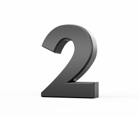Sleek, metallic Black number 2 Two standing on a white background, 3d illustration