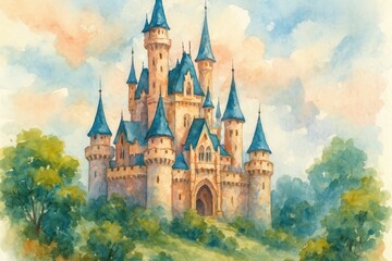 Obraz premium Whimsical fairytale castle illustration.