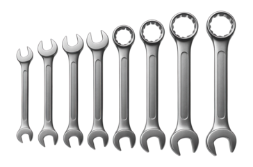 Chrome-vanadium steel wrench set with open and box ends for a mechanic's toolbox.