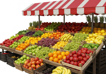 A vibrant outdoor market stall overflowing with a colorful and abundant display of fresh fruits and vegetables isolated on transparent background