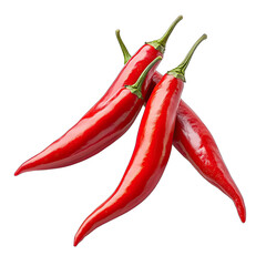 Three vibrant red chili peppers, glossy and smooth, with green stems, arranged dynamically against a stark black background