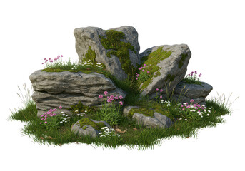 A cluster of mosscovered rocks adorned with delicate pink and white flowers and lush green grass isolated on transparent background