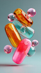 Translucent gel nails with glitter in vibrant pink, blue, and orange summer tones