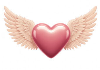 A glossy pink heart with soft, feathered wings, symbolizing love and affection, isolated on a transparent background