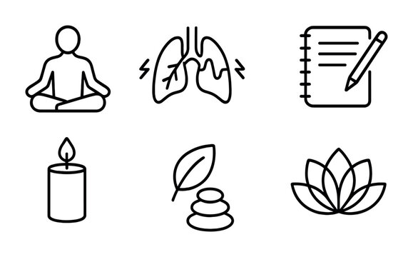 Mental Clarity Techniques. Outline icon set of mental clarity techniques: meditation pose, breathing lungs,