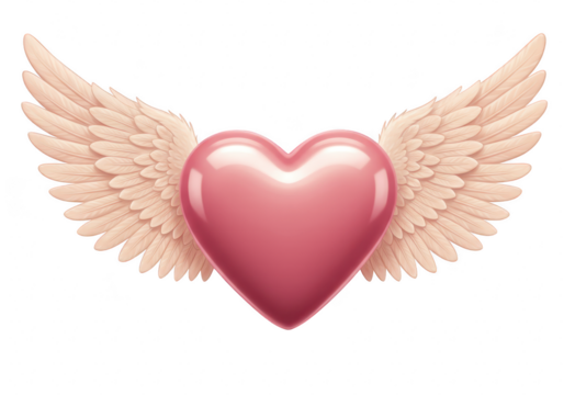 A glossy pink heart with soft, feathered wings, symbolizing love and affection, isolated on a transparent background