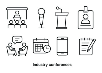 Industry Conference Icons. Outline icon set of Industry conferences: auditorium, microphone, podium, delegate