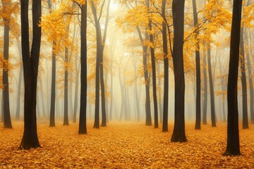 Fototapeta premium The autumn season is characterized by a fire red saturated landscape and a foggy forest background, along with oversaturated yellow red forest trees