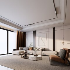 High-End Interior Living Space with Art Decor and Layered Textures. 3d rendering