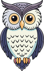 Fototapeta premium A cute cartoon owl character with big brown eyes sits wisely on a branch, a charming illustration of a night bird