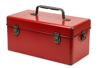 A classic red metal toolbox with a sturdy handle and latches, ready for work isolated on transparent background