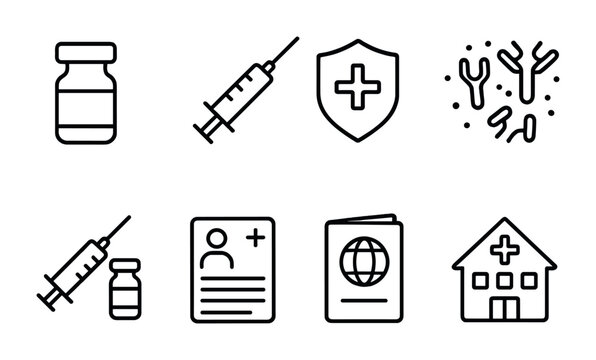 Vaccination Icons Set. Outline icon set of Vaccination and immunity: vaccine vial, injection needle, immune