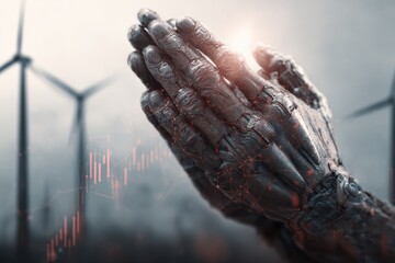 Folded hands enveloped in electric impulses, with wind turbines in the background., concept of artificial intelligence Investment in energy infrastructure and modern technology.