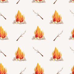 Campfire and marshmallow seamless pattern. Cartoon bonfire pattern with campfire and marshmallow. Vector hand drawn illustration for textile printing, wallpaper. Camping web banner, campsite cooking.