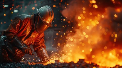 A skilled metallurgist in full protective gear works intently with metal, creating a brilliant shower of sparks. The background is a beautiful bokeh of intense orange heat and light from the forge