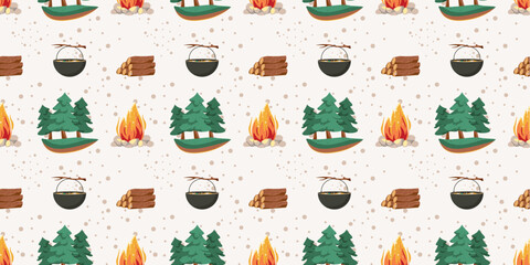 Seamless summer camp pattern, travel and overnight in the forest. Outdoor camping adventure elements. Campfire, forest, fire woods for wallpaper, fabric. Hiking tourism items on beige tan background