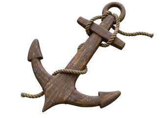 A weathered wooden anchor with a thick rope is isolated on a transparent background