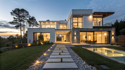Luxury symmetrical house modern architecture. Clean lines flat roof large windows. Grand entry wide tile path landscape trees. Elegant lighting plants dusk ambiance. Peaceful upscale residence exterio