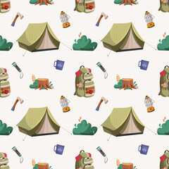 Seamless summer camp pattern, travel and overnight in the forest. Outdoor camping adventure elements. Campfire, tent, backpack for wallpaper, fabric. Hiking, tourism items on beige tan background.