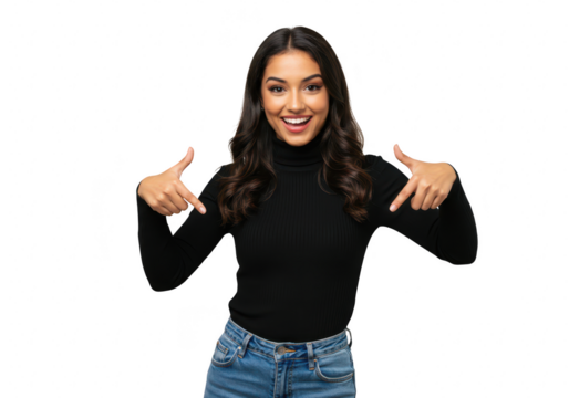 A smiling young woman with long dark hair points down with both thumbs, wearing a black turtleneck and jeans, isolated on a transparent background