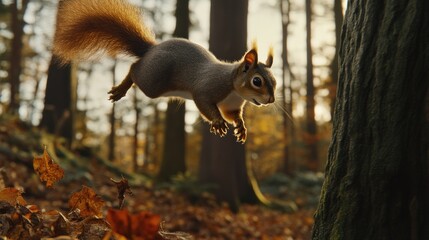 Obraz premium Red squirrel leaps through autumn forest