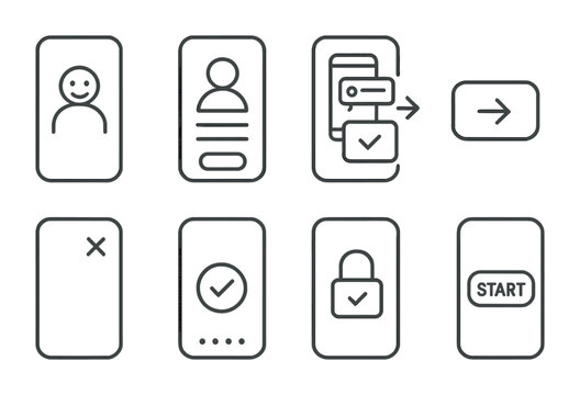 Mobile App Icon Set. Outline icon set of mobile app onboarding: welcome screen, sign up form, tutorial steps,